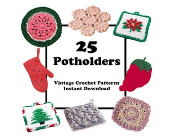 Könnte beinhalten: Eine Sammlung von 25 Vintage-Häkelmustern für Topflappen. Die Muster umfassen eine Vielzahl von Designs, wie z. B. eine Wassermelone, eine Chilischote, einen Weihnachtsbaum und eine Blume. Die Muster stehen zum sofortigen Download bereit.