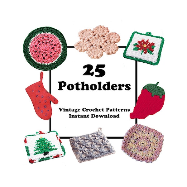 25 Potholders Vintage Crochet Pattern book. Crochet Potholders. Novelty Potholders. Retro Kitchen. 1950s.