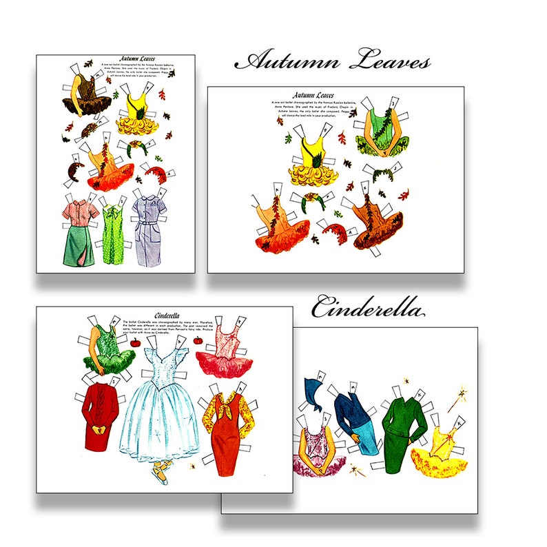 May include: Three vintage paper doll sets featuring "Autumn Leaves" and "Cinderella". Each set includes a variety of outfits and accessories to dress the paper dolls. The dolls are dressed in colorful dresses and skirts with various patterns and designs.