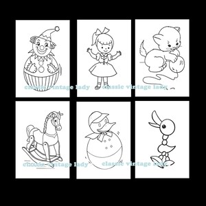 K&ouml;nnte beinhalten: Ein Satz von sechs Schwarzwei&szlig;illustrationen von Vintage-Spielzeug. Das Spielzeug umfasst ein Schaukelpferd, einen Clown, eine Puppe, eine Katze, eine Ente und einen Vogel.
