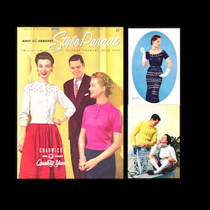 Op de afbeelding: Een vintage breipatronenboekje met een kleurrijke omslag met de titel "Style Parade" en een foto van drie vrouwen die truien dragen. Het boekje bevat instructies voor het breien van truien en accessoires met Chadwick's Orlon-garens.
