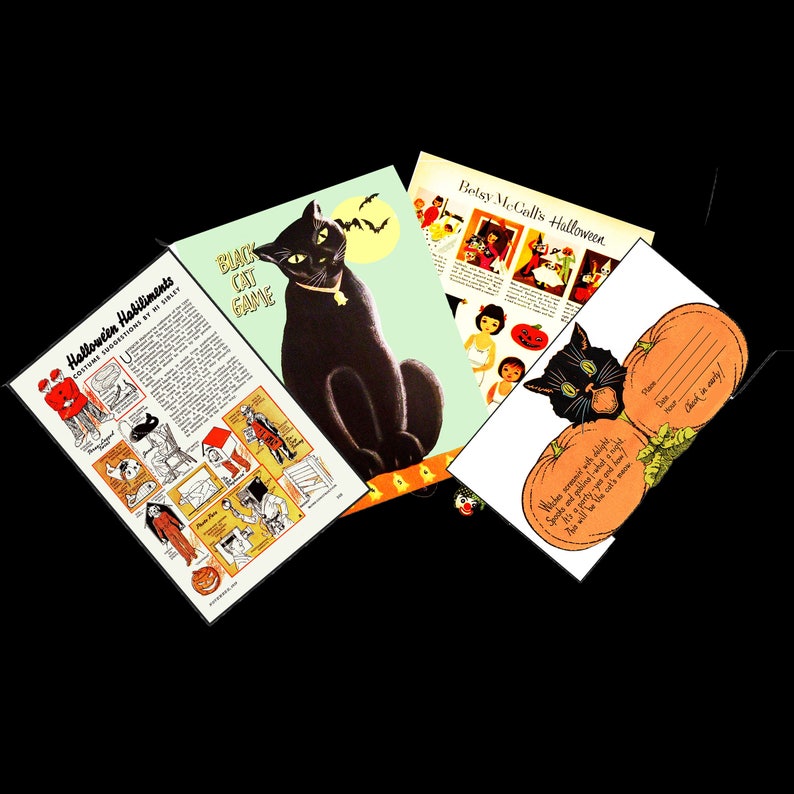 May include: A vintage Halloween party invitation with a black cat and pumpkins. The invitation says "Halloween party at my house! Spooks and goblins what a night! It's a party yes and how! Put on your costume and come!"