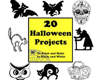 20 Halloween-projecten om af te drukken en in zwart-wit te maken. Vintage Halloween-ambachten. Halloween-ornament, masker. Projecten voor docenten in de klas