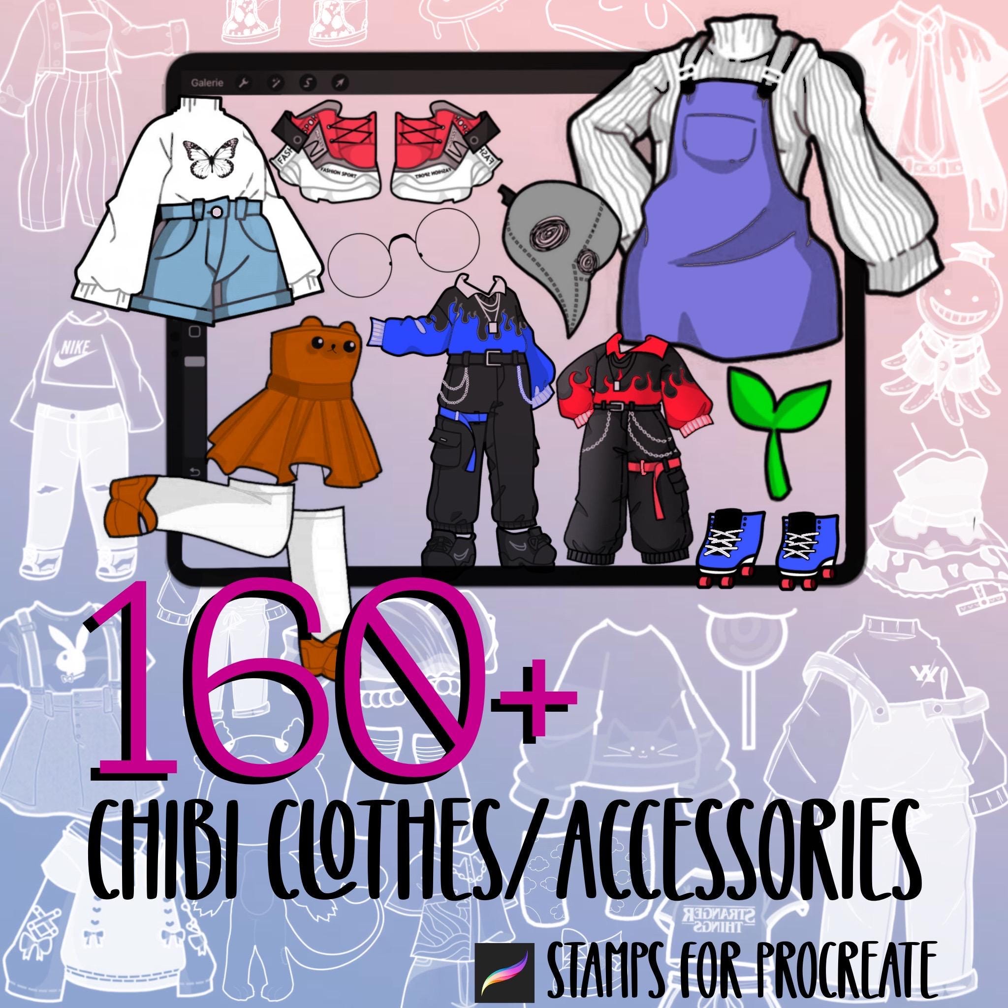 Procreate Sellos de accesorios chibi y guías de ropa | Set de pinceles Anime Manga