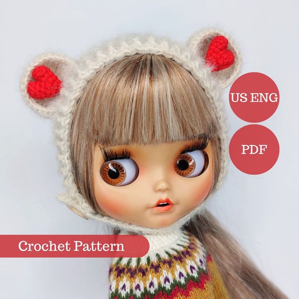 Crochet bear hat PATTERN for Blythe doll. Hat with hearts for Blythe