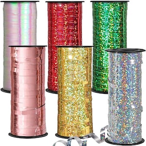 May include: Six rolls of iridescent curling ribbon in various colors, including gold, silver, pink, green, red, and iridescent. The ribbon is curled and ready to be used for decorating gifts, parties, and other events.