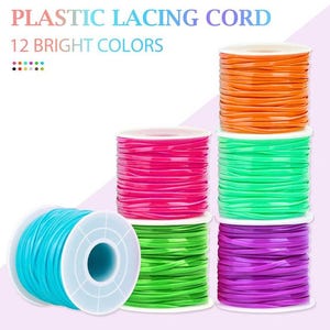 May include: Spools of colorful plastic lacing cord in various bright colors. The image shows spools of orange, green, purple, pink, and turquoise cord. Text at the top reads "PLASTIC LACING CORD" and "12 BRIGHT COLORS."