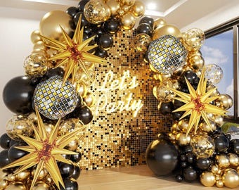 lack and Gold Balloon Garland Arch Kit with Gold Starburst Balloons Disco Ball Foil Balloons Gold Confetti Latex Balloon for Birthday Party