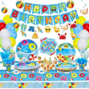 Beach Ball Birthday Party Supplies - Pool Party Decorations Set Includes HAPPY BIRTHDAY Banner, Hanging Swirl, Balloons