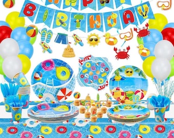 Beach Ball Birthday Party Supplies - Pool Party Decorations Set Includes HAPPY BIRTHDAY Banner, Hanging Swirl, Balloons