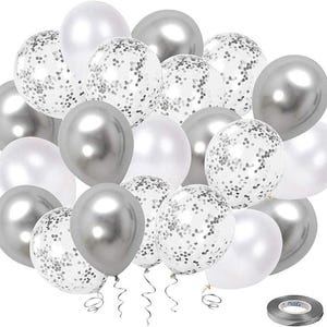 50 Pack 12inch Silver Metallic Chrome Party Balloon Set with Silver Ribbon for Wedding Birthday Baby Shower Decorations
