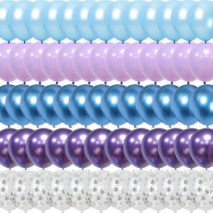 May include: A set of 100 balloons in five different colors: light blue, lavender, blue, purple, and white with a snowflake pattern. The balloons are arranged in five rows of 20 balloons each.