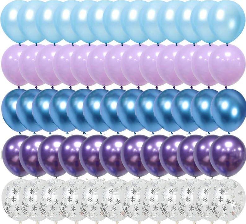 May include: A set of 100 balloons in five different colors: light blue, lavender, blue, purple, and white with a snowflake pattern. The balloons are arranged in five rows of 20 balloons each.