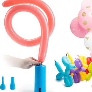 May include: A blue electric balloon pump inflates a long, pink balloon. Additional blue nozzles are shown. A cluster of colorful balloons, including pink with gold polka dots and balloon animals, are also visible.