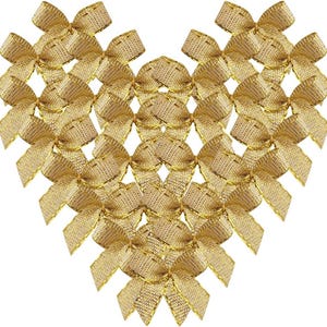 May include: A heart-shaped arrangement of gold bows, each with a metallic sheen. The bows are arranged in a symmetrical pattern, creating a festive and decorative design.