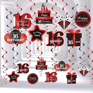 May include: A set of 16th birthday party decorations featuring red and black swirl decorations with various designs including a cake, a gift box, a star, and balloons with the text "Happy Birthday" and "16 years".