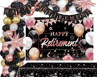 Retirement Party Decorations Men Women, 153PCS Black Rose Gold Happy Retirement Party Supplies Backdrop, Balloon, Banner