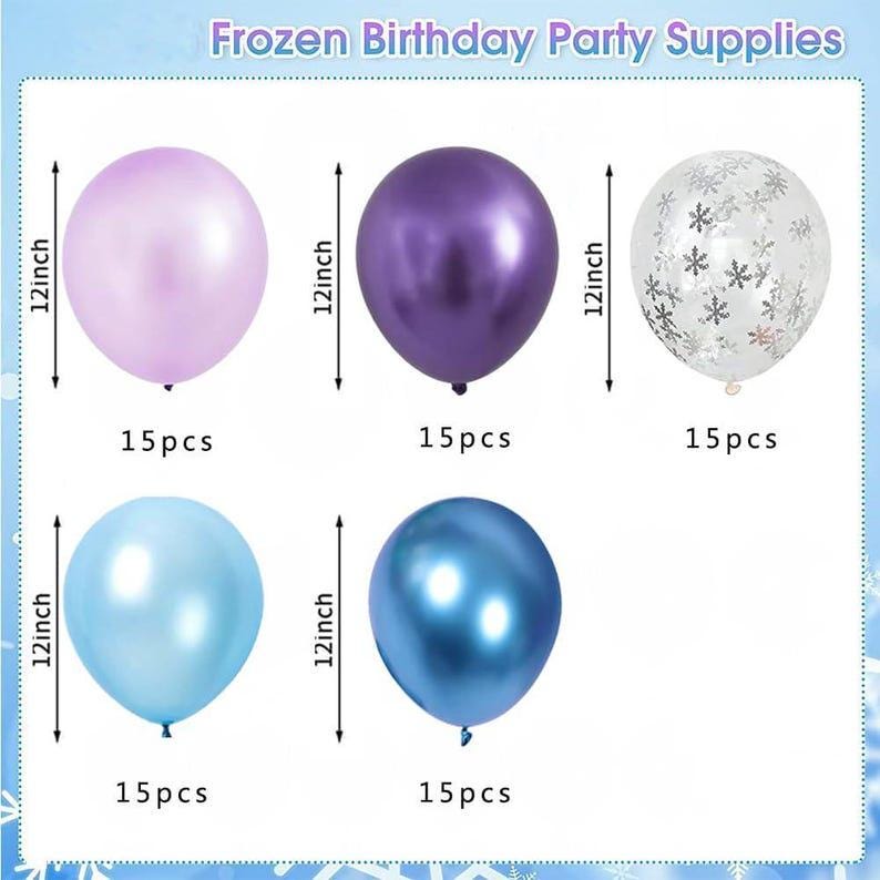 May include: A set of 60 Frozen-themed party balloons. The balloons are 12 inches in diameter and come in four colors: purple, light blue, dark blue, and white with snowflake designs.