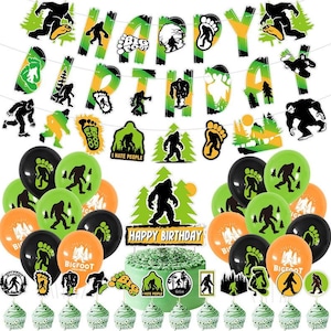 May include: A set of green, black, and orange party decorations featuring a Bigfoot theme. The decorations include balloons, banners, and cupcake toppers. The banner reads "Happy Birthday".