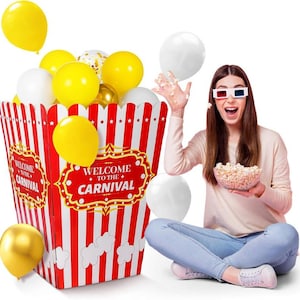 Caja grande de palomitas de maíz para decoraciones de fiesta de carnaval, de cartón, con 60 globos de palomitas de maíz, cubo gigante de palomitas de maíz 3D de cartón para Halloween.
