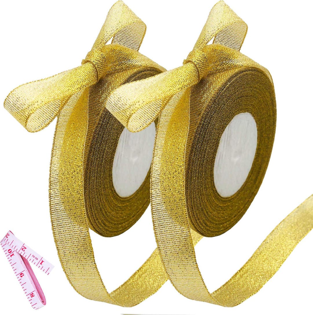 2 Rolls 50 Yards Metallic Gold Glitter Ribbons, 5/8 Inch Sparkly Fabric ...