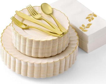HIGH END 175 Pc Ivory Scalloped Plastic Plates with Gold Trim | Fancy Plastic Dinnerware Sets | Nice Disposable Plates and Utensils Set