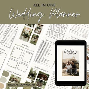 May include: A digital wedding planner with a white background and black text. The planner includes sections for the bridal party, seating chart, day of schedule, venue inspiration, and color inspiration. The cover of the planner features a photo of a couple sitting on a grassy hill.