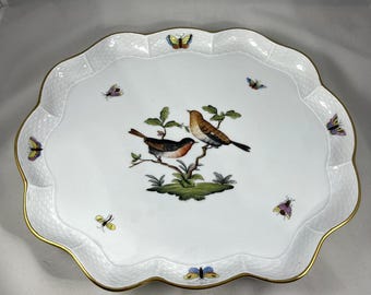ヘレンド・ロスチャイルド作 野鳥と蝶の葉の皿 - グリーンハンドルの
