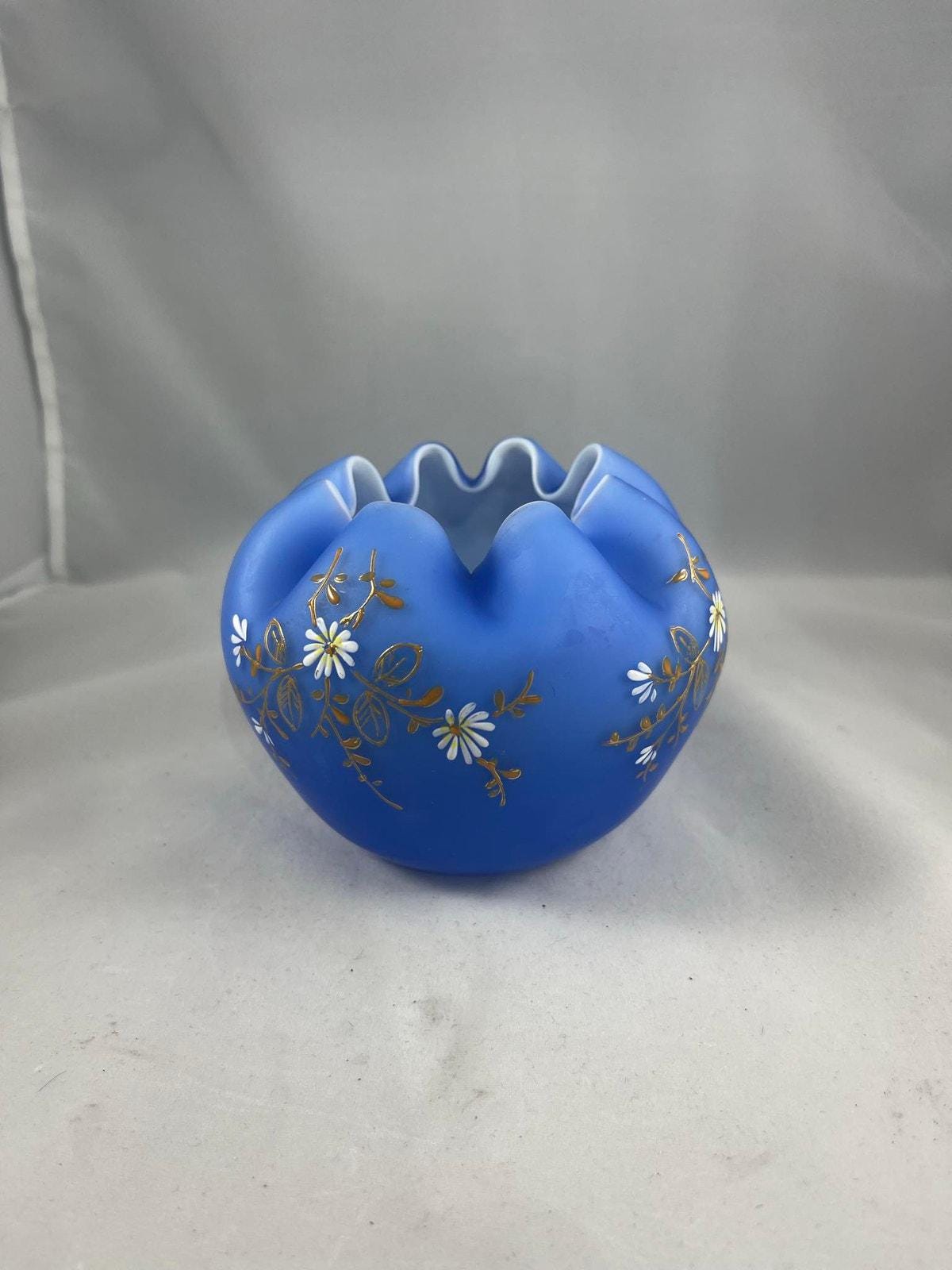 ヴィンテージ フェントン ブルー/ホワイト サテン ローズ ボウル