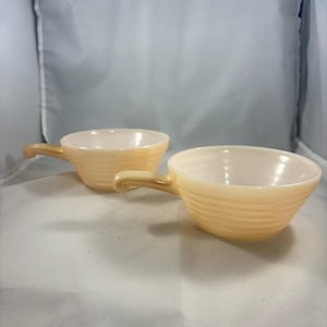 Vtg Set of 2 Anchor Hocking Fire King Peach Lustre Soup Bowls w/Handles