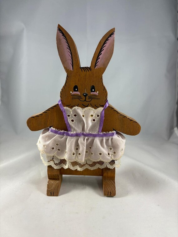 Handcrafted Wood Brown Spring Easter Bunny Rabbit W/lace Dress/lavender  Ribbon - Etsy