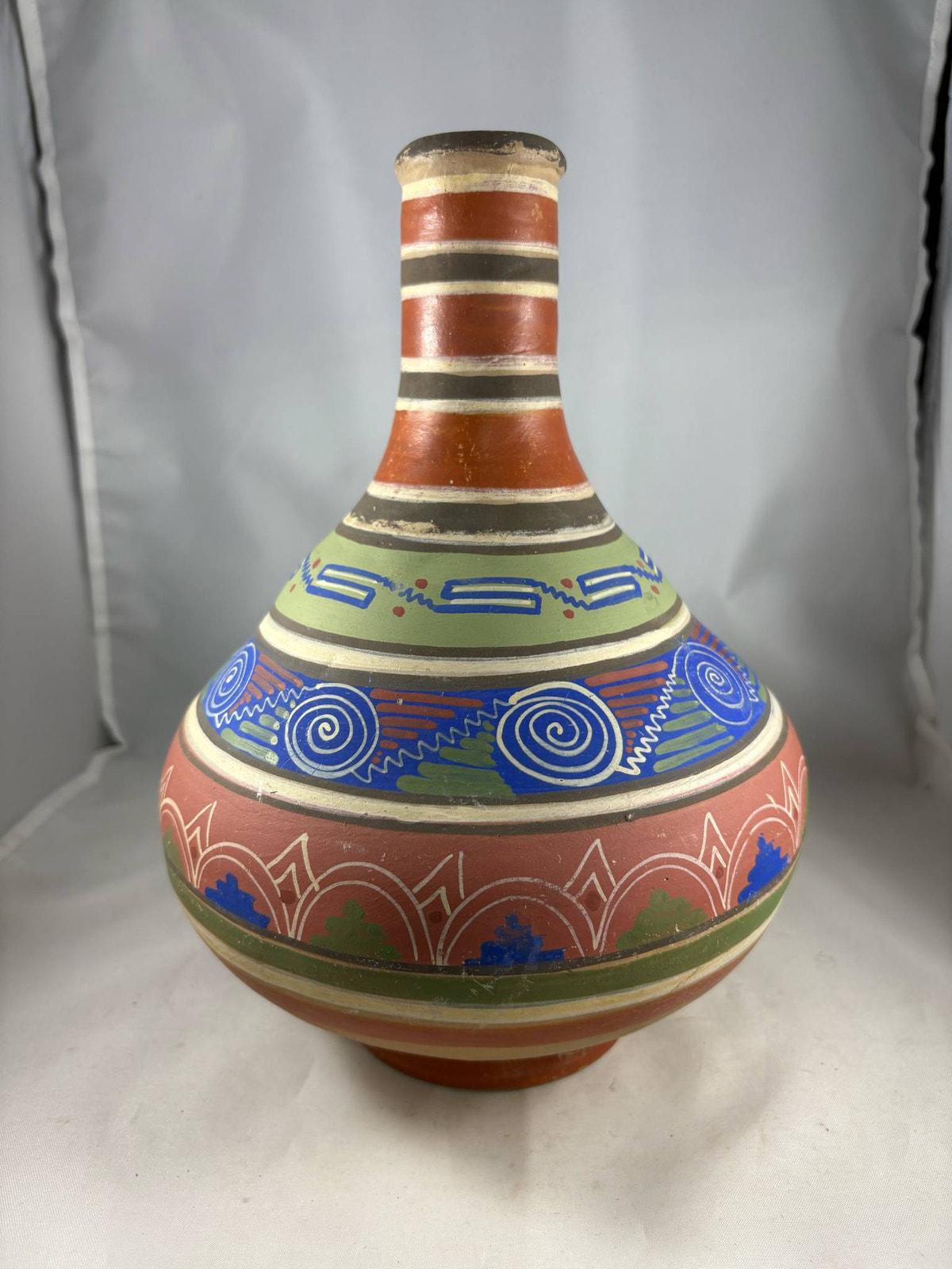 Vtg Handmade Hand Painted Mexican Clay Pottery Water Jug Botijo or