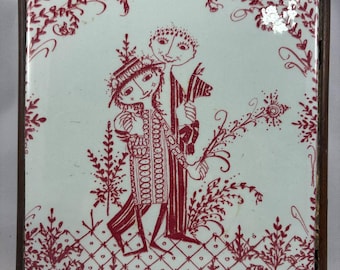 1960s Danish Ceramc Tile by Bjorn Wiinblad for Nymolle Red/White Couple Tivet
