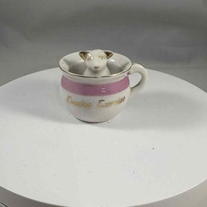 May include: A white ceramic cup with a pink stripe and gold trim, featuring a small dog figurine inside. The cup has a handle and the words "Evening Exercise" in gold script. A unique decorative item.
