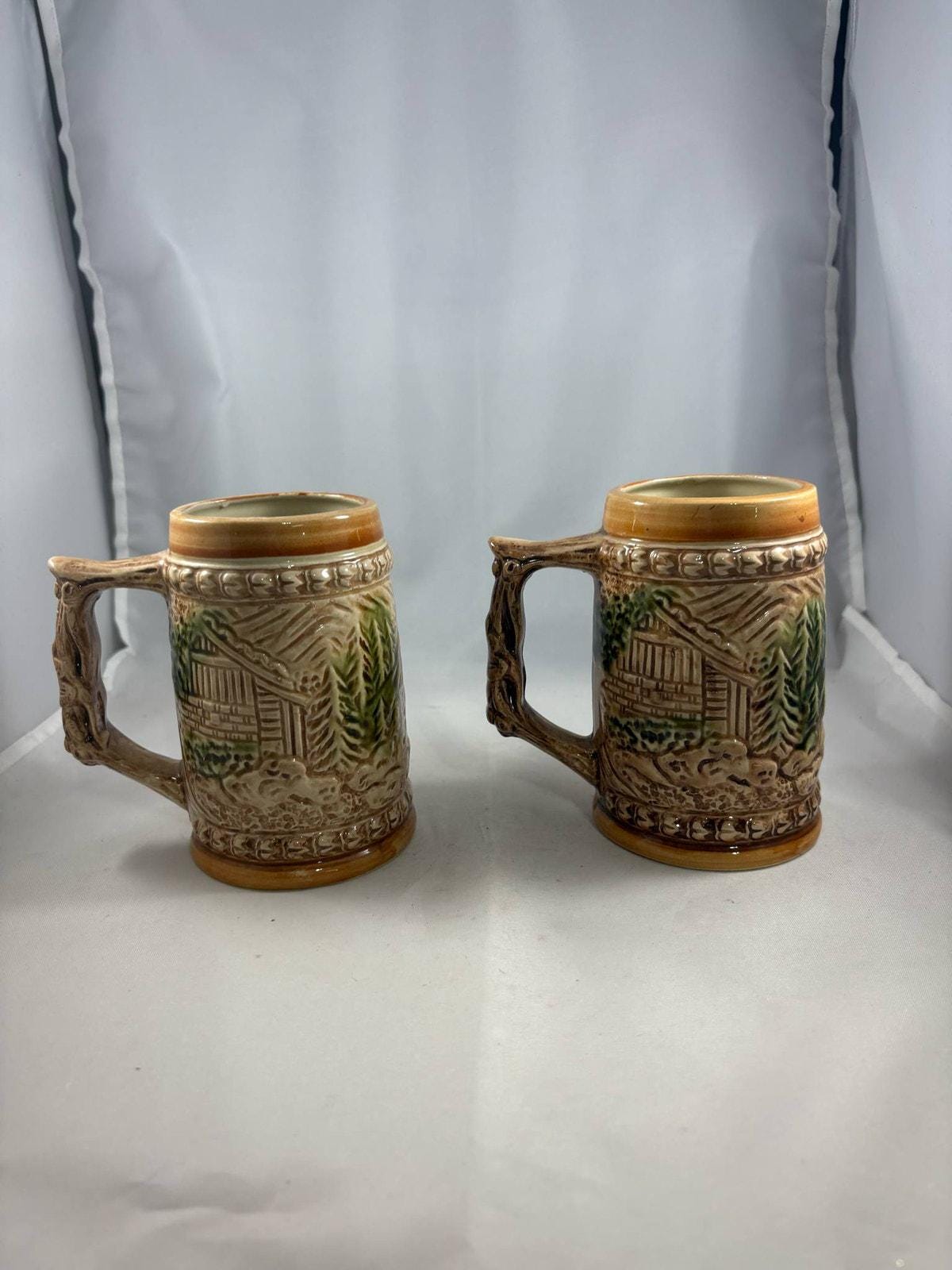 1950年代のヴィンテージ陶器製ガラス加工ビールジョッキ2個セット 日本