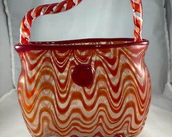 Vtg Murano Style Art Handblown Glass Purse Handbag Vase Red/White/Orange Swirls