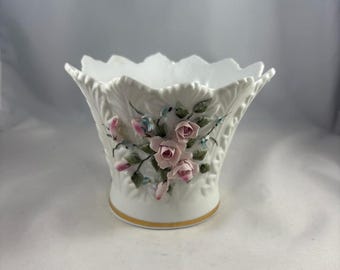 Lefton China Porcelain Hand Painted Floral Bisque W/gold Bottom