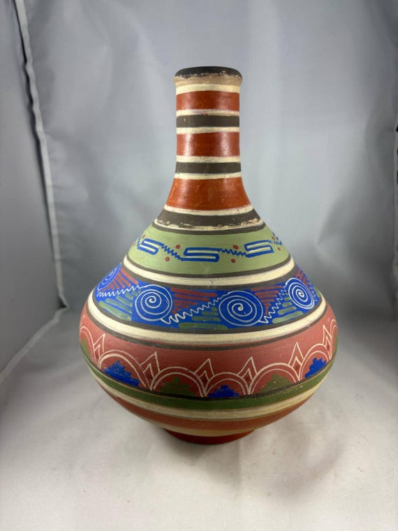 Vtg Handmade Hand Painted Mexican Clay Pottery Water Jug Botijo or