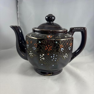 1940s Japanese Redware Moriage Brown Hand Painted Enamel Floral Design Teapot