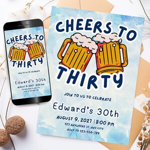 30th Birthday Invitation Digital Template Thirtieth Birthday Invite Adult Birthday for him 30th Birthday Evite Cheers to Thirty Party Evite