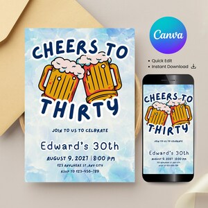 Editable 30th Birthday Invitation Template 30th Birthday Invite Cheers to Thirty Digital Invitation Hand drawn Invitation Adult Birthday