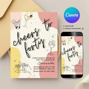 40th Birthday Invitation Template: Minimalist Cheers Design (Digital Download, Editable in Canva)
