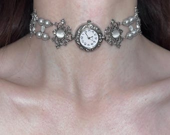 Baroque Watch Choker Necklace – Silver Filigree Pearl Gothic Clock Necklace – Victorian Inspired Statement Jewelry – Steampunk Romantic Gift