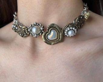 Vintage Bronze Button Choker Necklace | Handmade Antique Style Collar | Adjustable Minimalist Statement Jewelry | Gift for Her