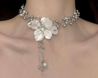 Lotus Choker Necklace, Pearl Drop Tassel Necklace, Silver Chain Statement Floral Jewelry, Bridal Choker Coquette Fairycore Necklace