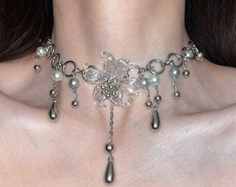 Crystal Lily Flower Choker Necklace with Pearl and Teardrop Charms