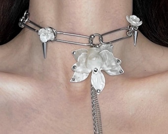 Handmade Flower Choker Necklace, Y2K Pearl Drop, Stainless Steel Romantic Gothic Jewelry）