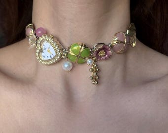 Y2K Vintage Style Charm Choker, Heart Watch Necklace, Handmade Cute Statement Jewelry