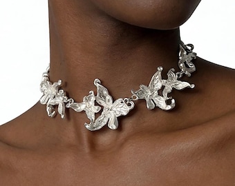 Iris Floral Choker Necklace Silver Tone Fairy Flower Statement Necklace – Ethereal Y2K Fantasy Jewelry