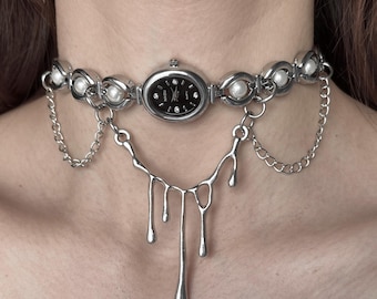 Aurora Teal Baroque Vintage Style Charm Choker, Heart Watch Necklace, Handmade Cute Statement Jewelry